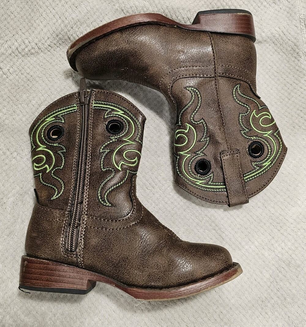 ROPER Kids Size 8 Toddlers Boys Cowboy Boots Western Zip Up Brown Green
